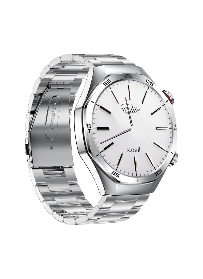 Xcell Xcell Elite7 Smartwatch, 1.52" HD Display, Bluetooth Calling, Wireless Charging, Heart-Rate/BP/SpO₂, Multi Language, IP67, 7 Days Battery, iOS/Android Compatible- Silver Frame with Silver Metal Strap  - Image 2