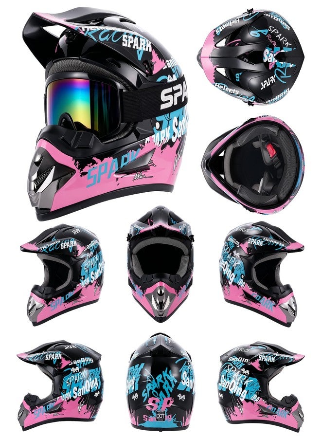 SanQing Motocross Helmet,Youth & Kids ATV Dirt Bike Motorcycle, BMX 4-Wheeler Off-Road Mountain Bike Helmet,DOT Certified,W/Gloves Goggles Mask 4-Piece Set (Pink, Large) - Image 2