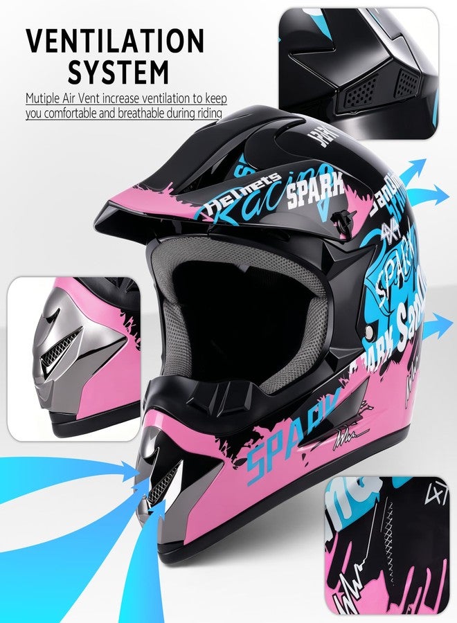 SanQing Motocross Helmet,Youth & Kids ATV Dirt Bike Motorcycle, BMX 4-Wheeler Off-Road Mountain Bike Helmet,DOT Certified,W/Gloves Goggles Mask 4-Piece Set (Pink, Large) - Image 4