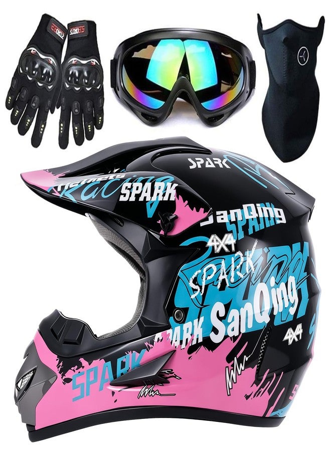 SanQing Motocross Helmet,Youth & Kids ATV Dirt Bike Motorcycle, BMX 4-Wheeler Off-Road Mountain Bike Helmet,DOT Certified,W/Gloves Goggles Mask 4-Piece Set (Pink, Large) - Image 1