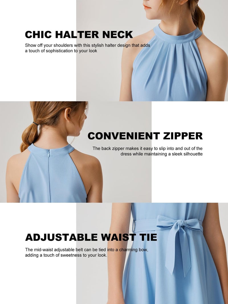 Quedoris Girls Halter Neck Sleeveless Belted Dress with Zipper Blue 140Y - Image 5