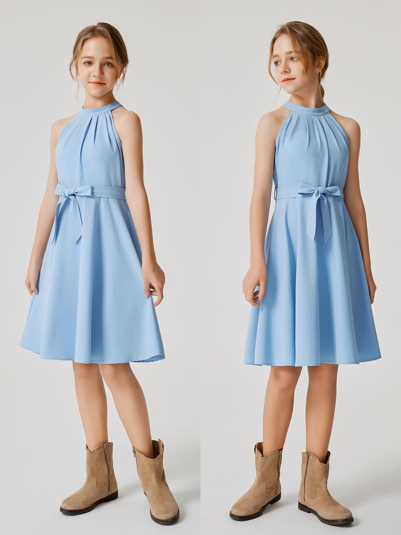 Quedoris Girls Halter Neck Sleeveless Belted Dress with Zipper Blue 140Y - Image 3
