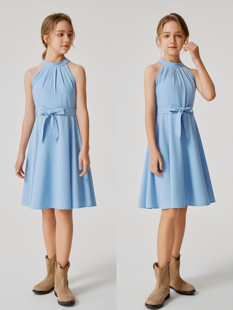 Quedoris Girls Halter Neck Sleeveless Belted Dress with Zipper Blue 140Y - Image 2