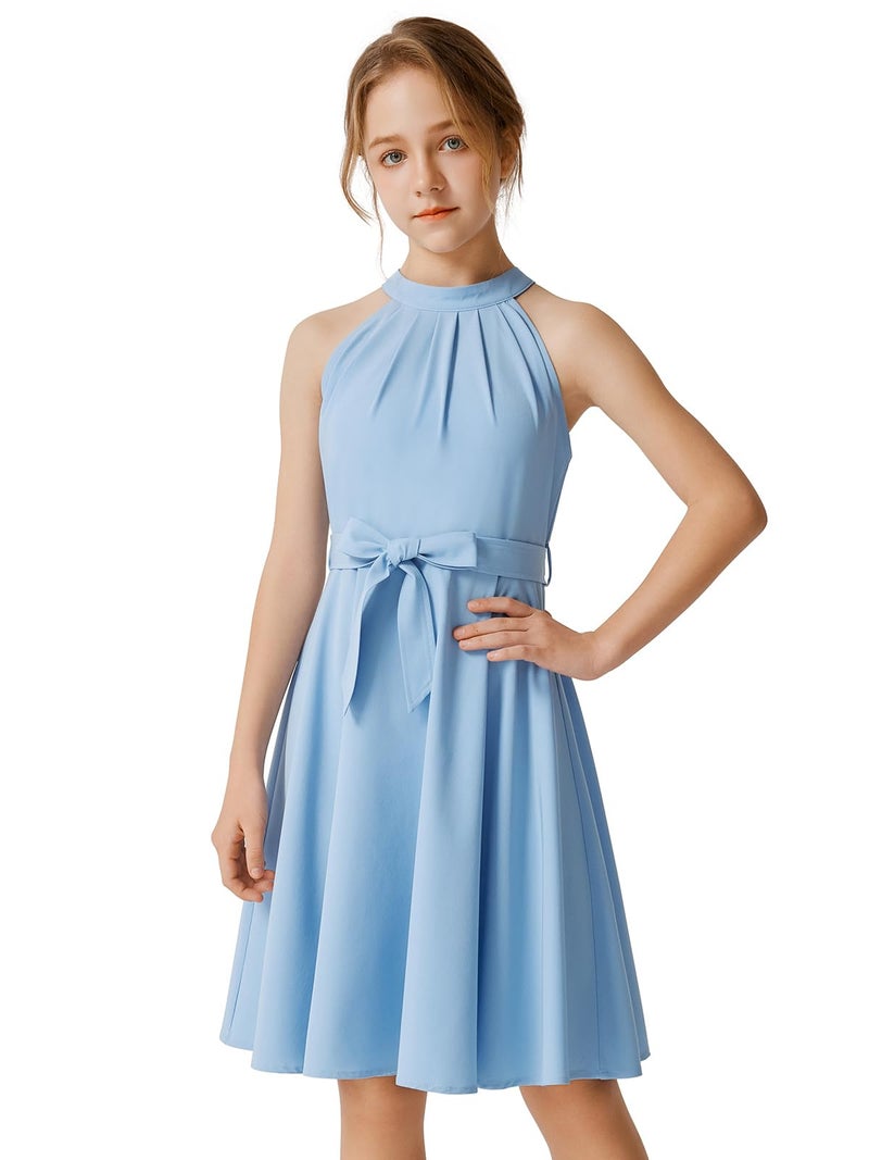 Quedoris Girls Halter Neck Sleeveless Belted Dress with Zipper Blue 140Y - Image 1