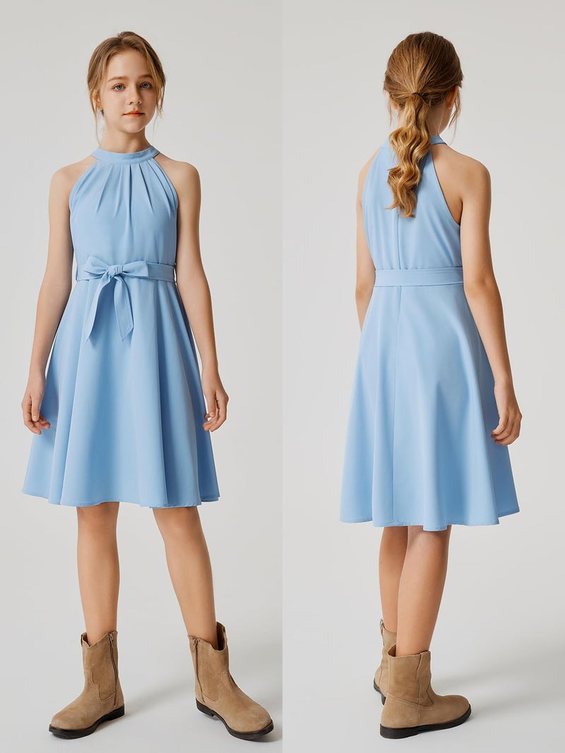 Quedoris Girls Halter Neck Sleeveless Belted Dress with Zipper Blue 140Y - Image 4