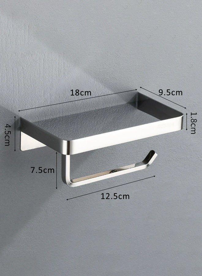 Toilet Paper Holder with Phone Shelf, Adhesive Wall Mount Toilet Tissue Roll Holder, Rustproof & Multifunctional Stainless Steel Bathroom Storage Dispenser Command Strip Toilet Paper Roll Holder (Silver) - Image 2