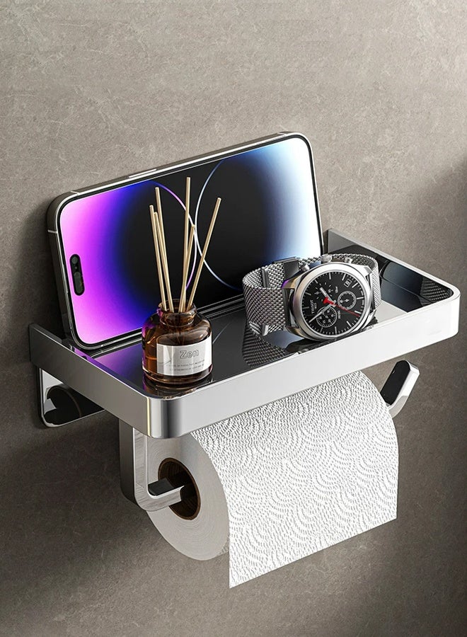 Toilet Paper Holder with Phone Shelf, Adhesive Wall Mount Toilet Tissue Roll Holder, Rustproof & Multifunctional Stainless Steel Bathroom Storage Dispenser Command Strip Toilet Paper Roll Holder (Silver) - Image 1