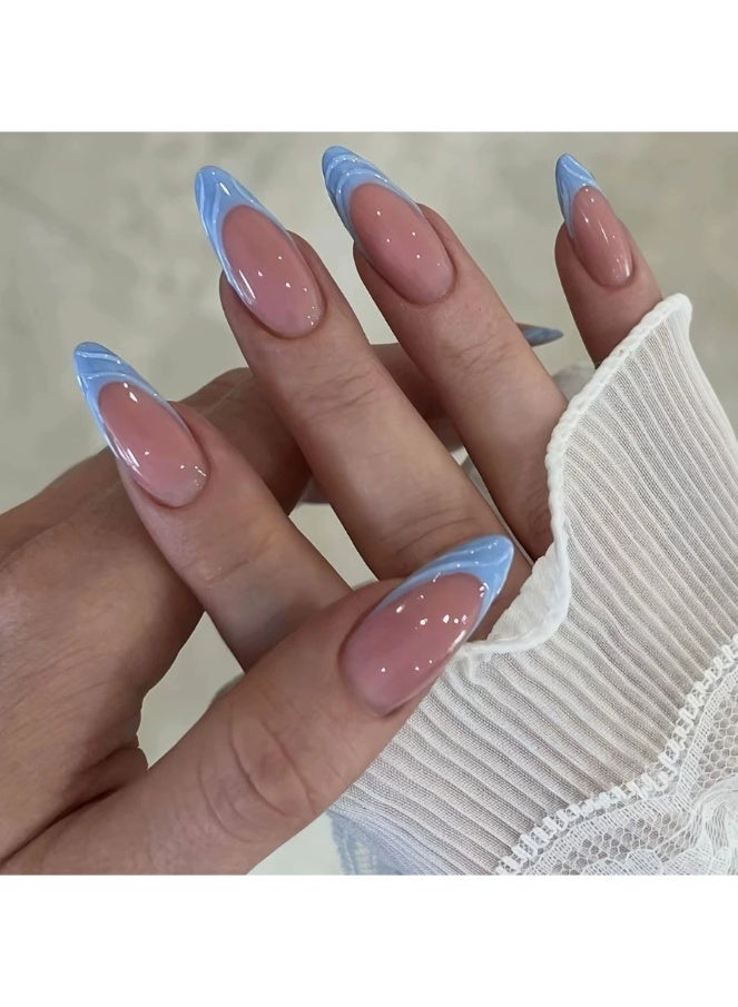 Goolsky أظافر ضغط طويلة لوزية فرنسية زرقاء ثلاثية الأبعاد أنيقة - Image 1