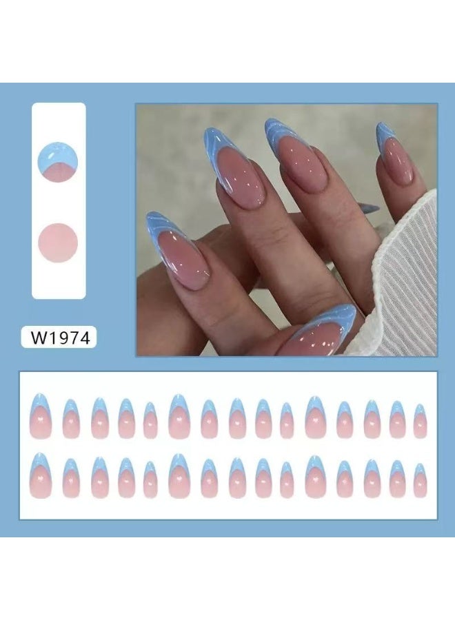 Goolsky أظافر ضغط طويلة لوزية فرنسية زرقاء ثلاثية الأبعاد أنيقة - Image 4