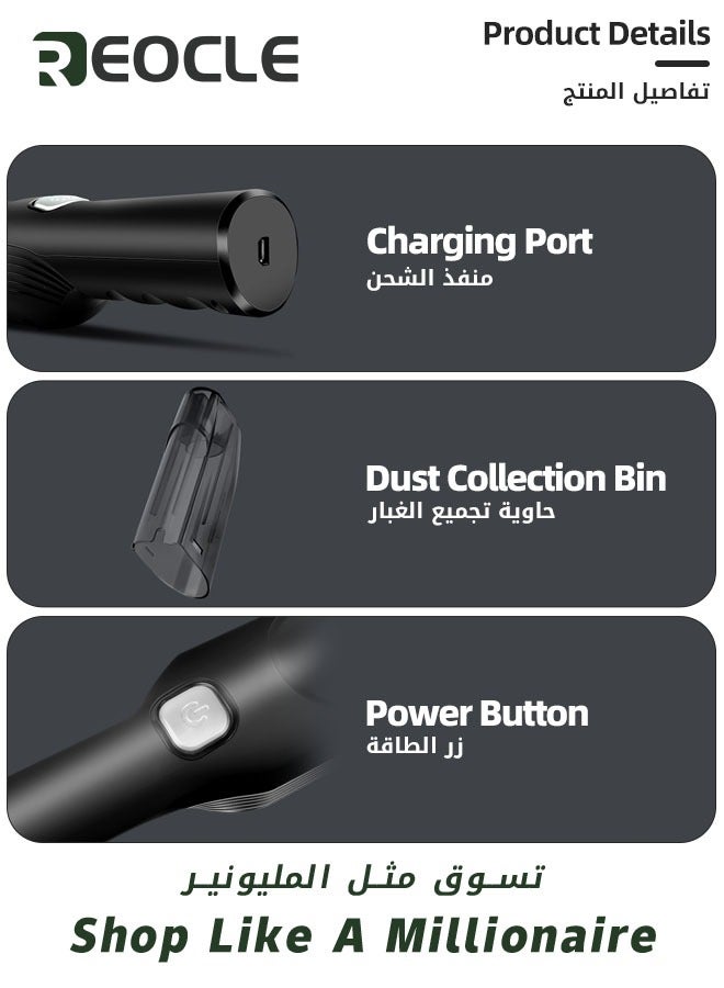 REOCLE Car Vacuum Cleaner Handheld Vacuum Cordless 9500Pa & 11000Pa Two Modes Powerful Suction 120W Lightweight Wet Dry Vacuum Rechargeable 2500mAh Battery for Home Car Pet - Image 2
