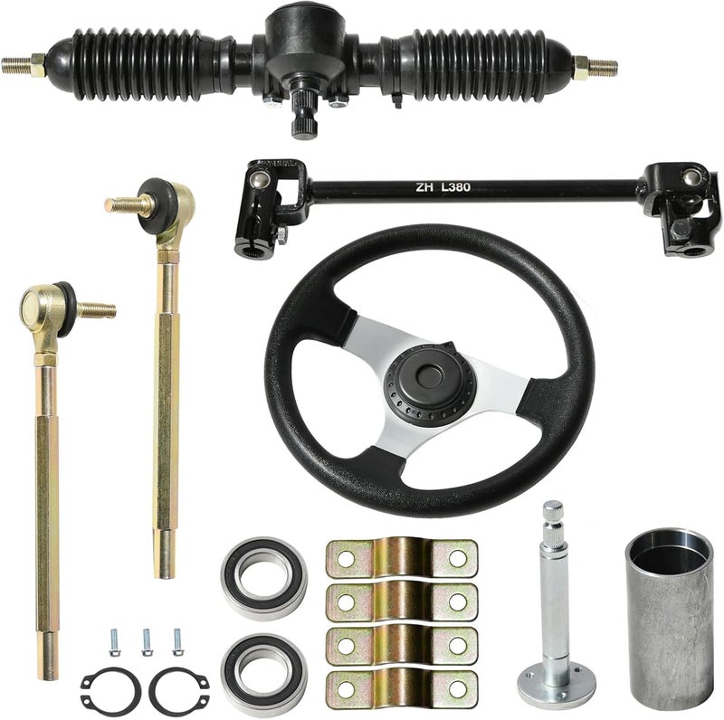 JNDO Go Kart Steering Kit - Universal Fit with 380mm Shaft, 340mm Rack & Pinion, 300mm Wheel, 150mm Column, and 80mm Sleeve - Image 1