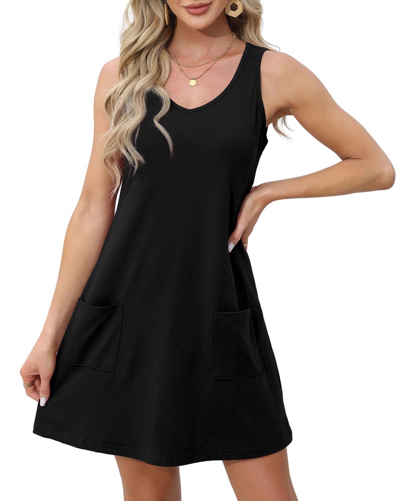 OFEEFAN Summer Dresses for Women 2026 Loose V Neck Casual Dress Sundresses Beach Fashion Plain Black XL - Image 3