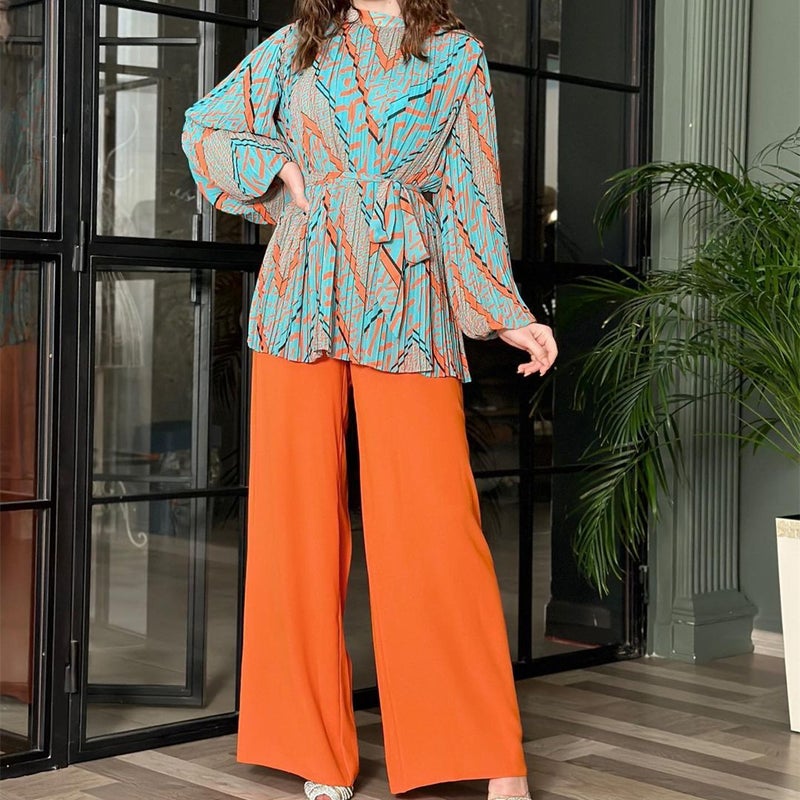 2023 Autumn Fashion Ruffled Blouse Wide Leg Pants Set Red and Blue Pleated Set  - Image 2