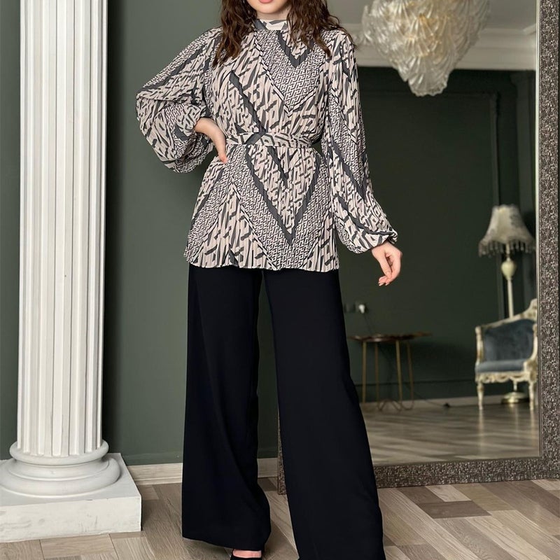 2023 Autumn Fashion Ruffled Blouse Wide Leg Pants Set Red and Blue Pleated Set  - Image 3