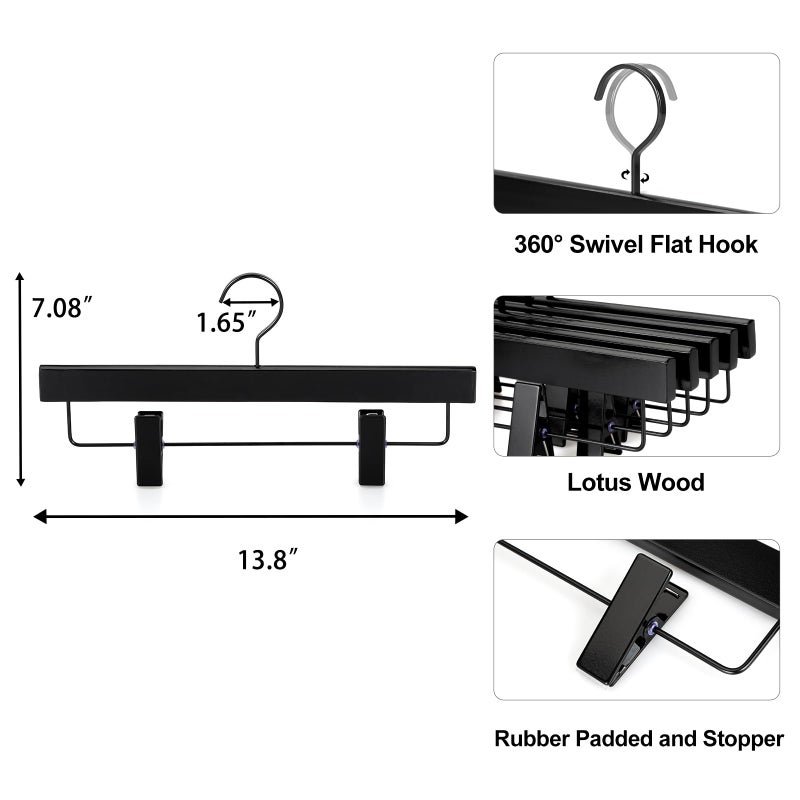 TOPIA HANGER Black Wooden Pants Hangers, Wood Skirt Hangers with Clips, Deluxe Jeans Hanger with 360Â° Swivel Anti-Rust Flat Hook, Smooth Finish Wood Hangers for Slacks Trousers 20 Pack, CT03B - Image 4