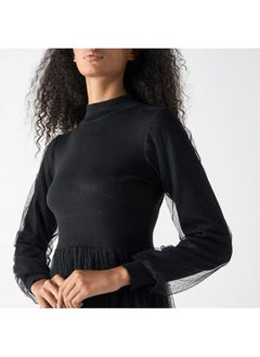 2Xtremz 2Xtremz Mesh Textured Midi Dress with Long Sleeves and High Neck  - Image 1