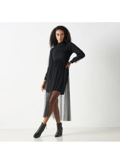 2Xtremz 2Xtremz Mesh Textured Midi Dress with Long Sleeves and High Neck  - Image 3