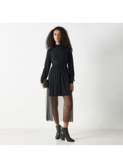 2Xtremz 2Xtremz Mesh Textured Midi Dress with Long Sleeves and High Neck  - Image 4