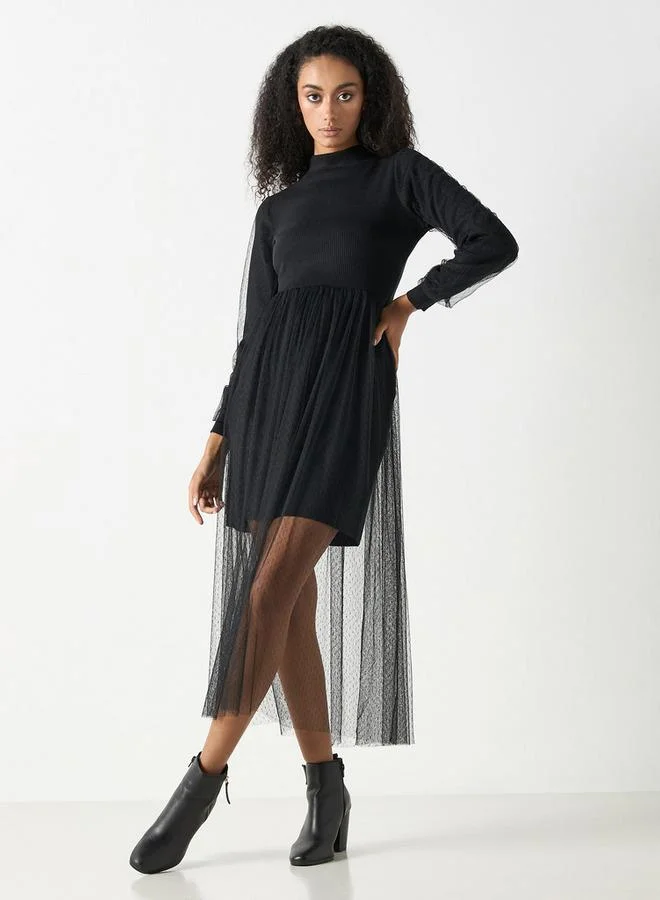 2Xtremz 2Xtremz Mesh Textured Midi Dress with Long Sleeves and High Neck