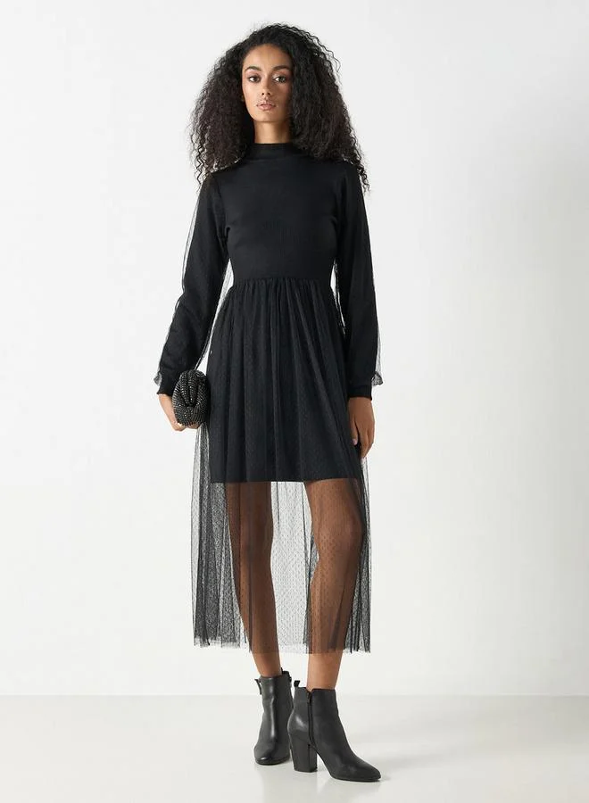 2Xtremz 2Xtremz Mesh Textured Midi Dress with Long Sleeves and High Neck