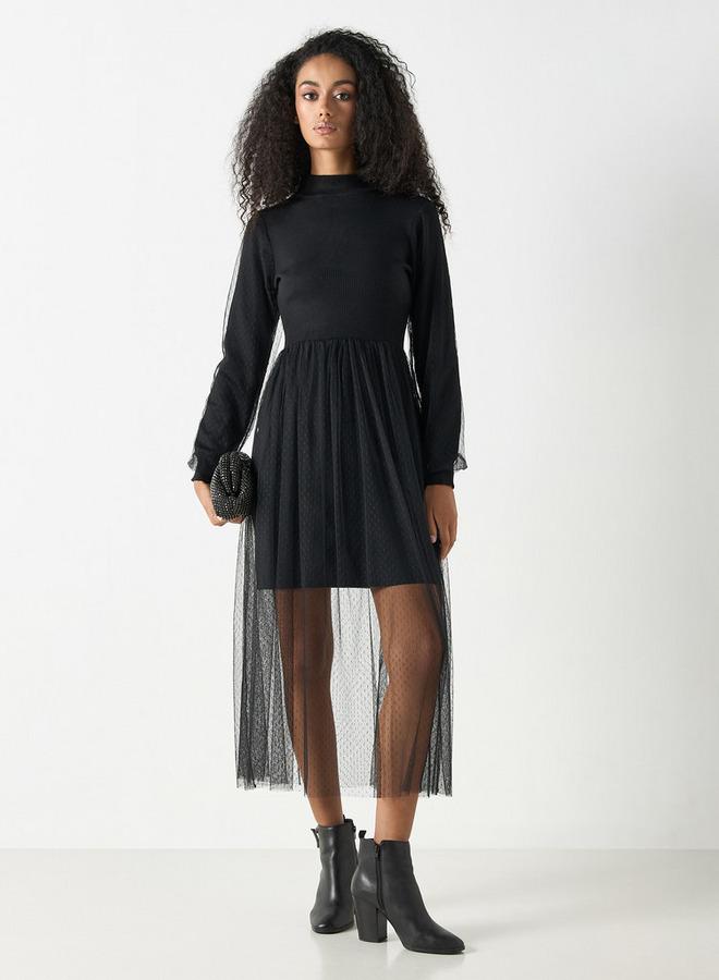 تواكستريمز فستان ميدي شبكي بارز الملمس بياقة عالية وأكمام طويلة من تو إكستريمز - Image 2