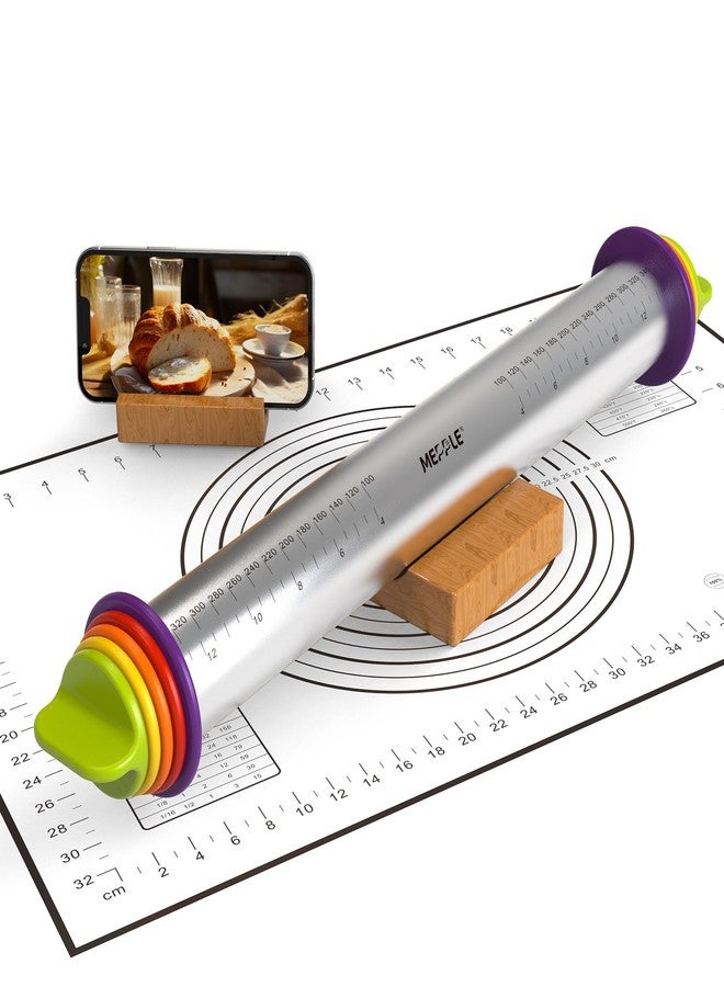 Mepple Stainless Steel Rolling Pin with Thickness Rings and Pastry Baking Mat, 13.6" Adjustable Rolling Pin Dough Roller for Baking Cookie Pizza, Comes with Large Silicone Pastry Mat and Wooden Base - Image 1