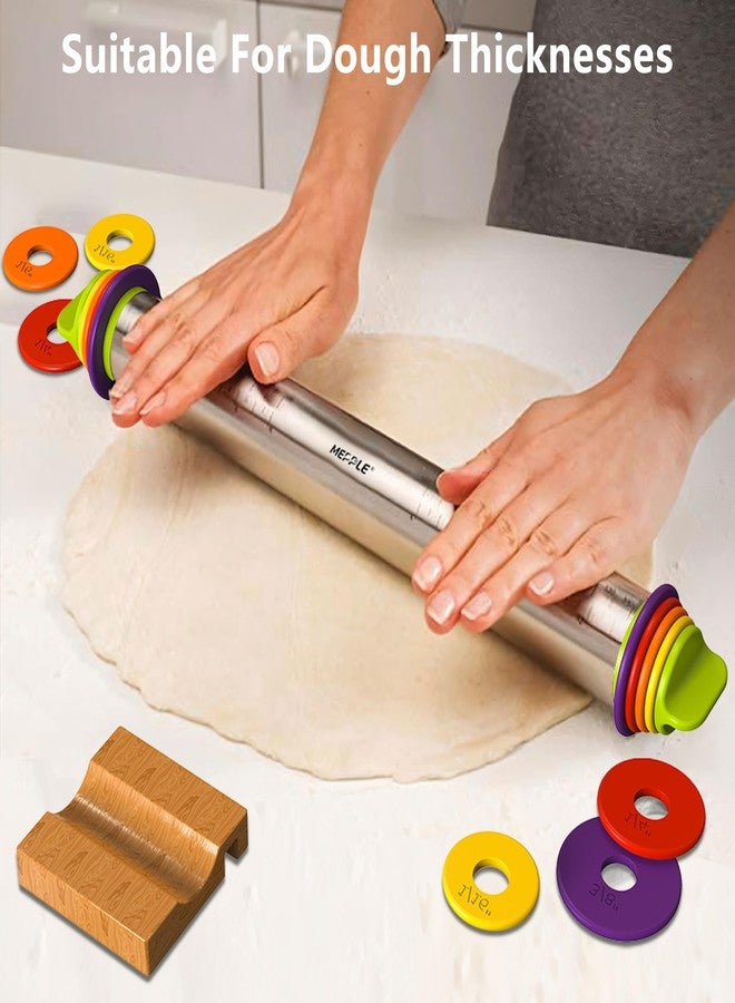 Mepple Stainless Steel Rolling Pin with Thickness Rings and Pastry Baking Mat, 13.6" Adjustable Rolling Pin Dough Roller for Baking Cookie Pizza, Comes with Large Silicone Pastry Mat and Wooden Base - Image 2