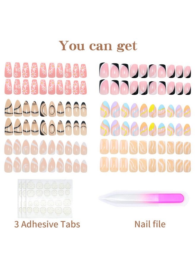 Misssix 6 Packs (144 Pcs) Press on Nails Medium Design, Misssix Fake Nails Almond and Square Glue on Nails Set with Adhesive Tabs Nail File for Women - Image 2