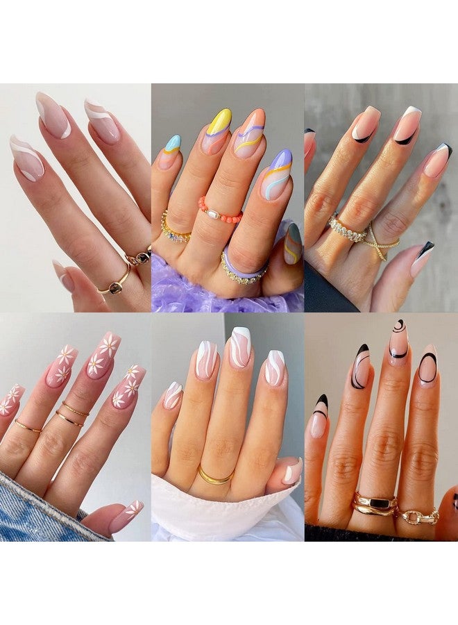 Misssix 6 Packs (144 Pcs) Press on Nails Medium Design, Misssix Fake Nails Almond and Square Glue on Nails Set with Adhesive Tabs Nail File for Women - Image 1
