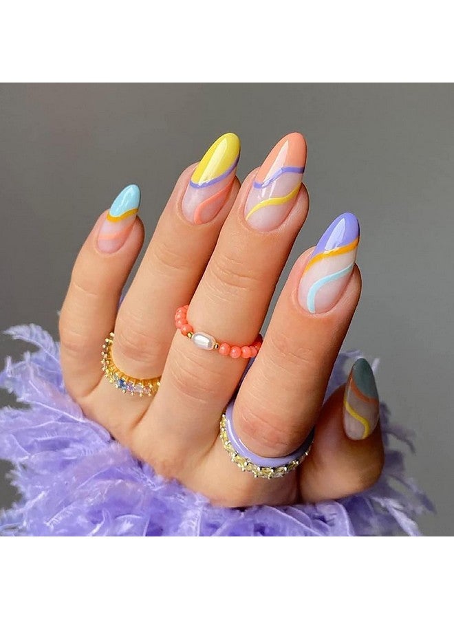Misssix 6 Packs (144 Pcs) Press on Nails Medium Design, Misssix Fake Nails Almond and Square Glue on Nails Set with Adhesive Tabs Nail File for Women - Image 3