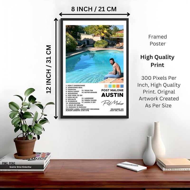 Vyopix Post Malone - Austin Music Album Cover, Wall Decoration Art Framed Poster, Matte & Glossy Laminated Poster with 0.5 Inch Black Wooden Frame (Matte, 8X12 Inches) - Image 3