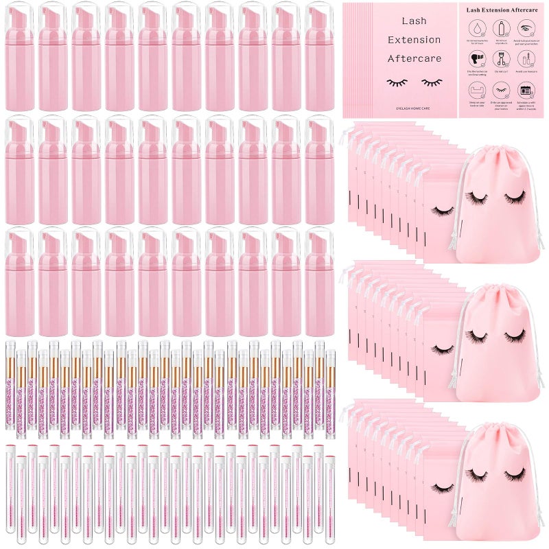 Zhehao مجموعة زيهوا 150 قطعة لشامبو الرموش زجاجات فرش بالجملة 30 موزع رموش 30 فرش شامبو رموش 30 حقيبة عناية قابلة لإعادة الاستخدام 30 أنبوب رموش 30 بطاقة عناية بعد التمديد باللون الوردي