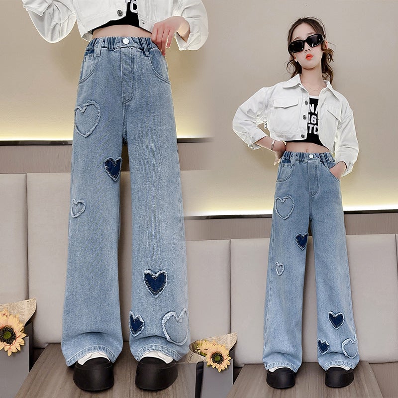 Girls' Jeans Spring & Fall Kidsren'S Clothing Girls' Wide-Leg Pants Korean Kidsren'S Casual Pants Girls' Trendy - Image 2
