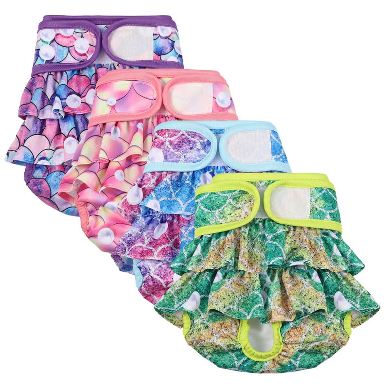 Chenkaiyang 4 Pack Dog Diapers Female Washable Dog Diapers Reusable Puppy Diapers Highly Absorbent Comfortable Doggy Diapers for Dogs in Heat or Excitable Urination XS Mermaid