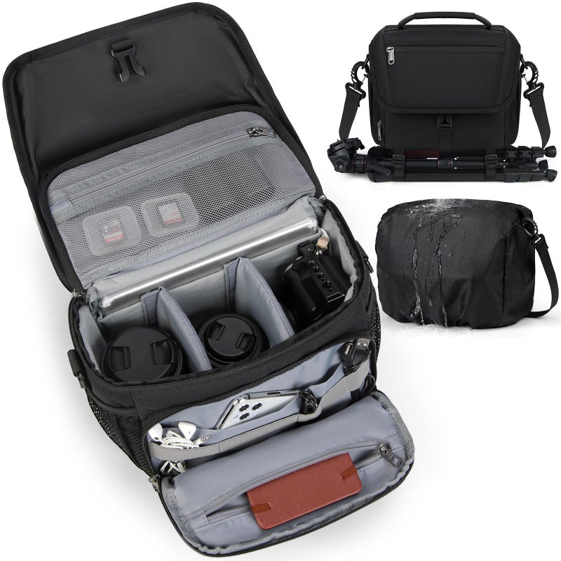 RAINSMORE Camera Bag, DSLR/SLR/Mirrorless Camera Case with Tripod Holder Waterproof Camera Sling Bag Crossbody Camera Bags for Photographers with Rain Cover for Canon/Nikon/Sony/Fuji, Black - Image 1