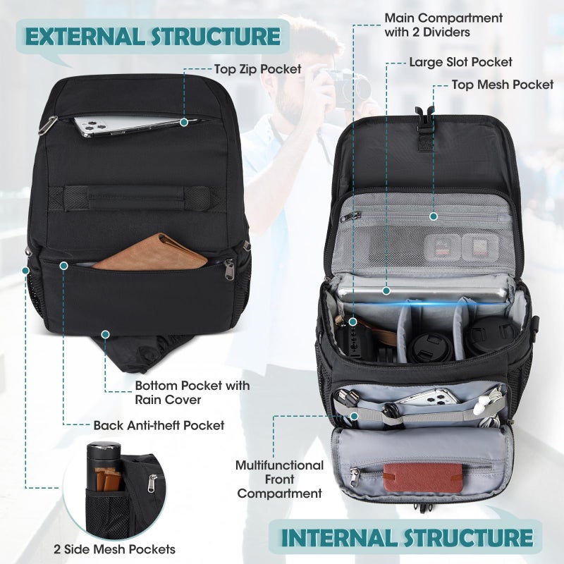 RAINSMORE Camera Bag, DSLR/SLR/Mirrorless Camera Case with Tripod Holder Waterproof Camera Sling Bag Crossbody Camera Bags for Photographers with Rain Cover for Canon/Nikon/Sony/Fuji, Black - Image 2