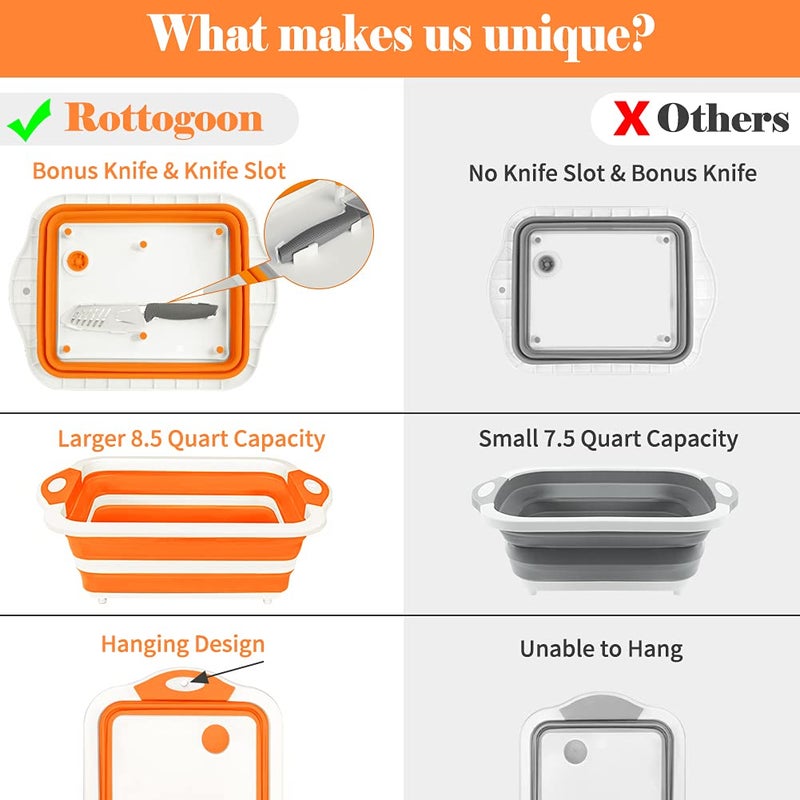 Rottogoon Collapsible Cutting Board, Foldable Chopping Board with Colander, Multifunctional Kitchen Vegetable Washing Basket Silicone Dish Tub for BBQ Prep/Picnic/Camping(Orange) - Image 2