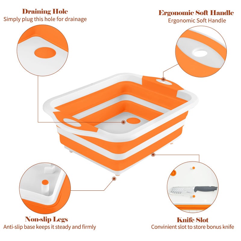 Rottogoon Collapsible Cutting Board, Foldable Chopping Board with Colander, Multifunctional Kitchen Vegetable Washing Basket Silicone Dish Tub for BBQ Prep/Picnic/Camping(Orange) - Image 4