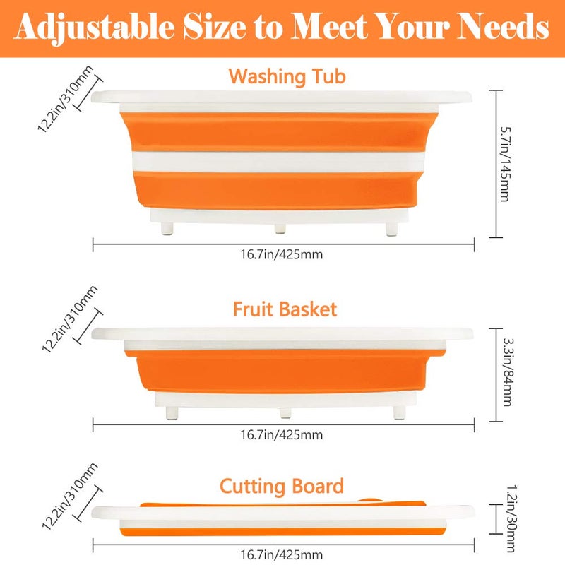 Rottogoon Collapsible Cutting Board, Foldable Chopping Board with Colander, Multifunctional Kitchen Vegetable Washing Basket Silicone Dish Tub for BBQ Prep/Picnic/Camping(Orange) - Image 3