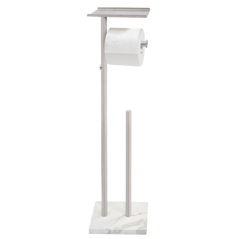 GZILA Toilet Paper Holder Stand with Shelf, Marble Base Heavy Free Standing Toilet Paper Double Roll Holders SUS304 Stainless Steel Brushed Nickel, Storages 4 Reserve Rolls Dispenser - Image 1