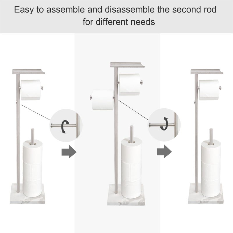GZILA Toilet Paper Holder Stand with Shelf, Marble Base Heavy Free Standing Toilet Paper Double Roll Holders SUS304 Stainless Steel Brushed Nickel, Storages 4 Reserve Rolls Dispenser - Image 4