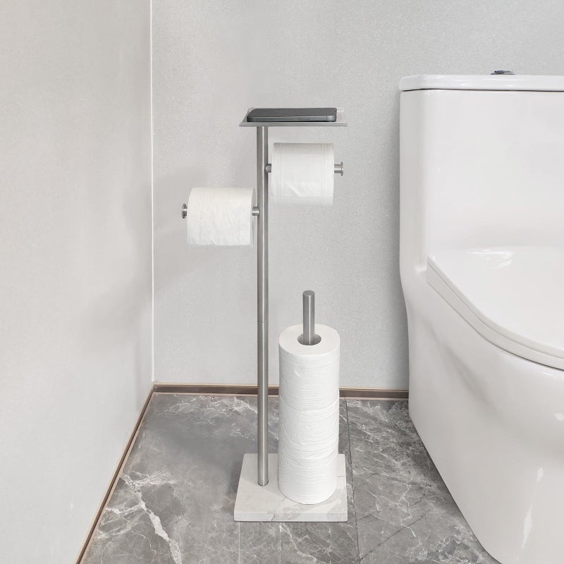 GZILA Toilet Paper Holder Stand with Shelf, Marble Base Heavy Free Standing Toilet Paper Double Roll Holders SUS304 Stainless Steel Brushed Nickel, Storages 4 Reserve Rolls Dispenser - Image 5