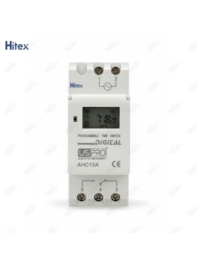 هيتكس مفتاح وقت قابل للبرمجة - مؤقت رقمي Din Rail | 28 إعداد تشغيل/إيقاف، برامج يومية وأسبوعية، شاشة LCD، جهد 220-240 فولت تيار متردد، سعة تلامس 16 أمبير - Image 2