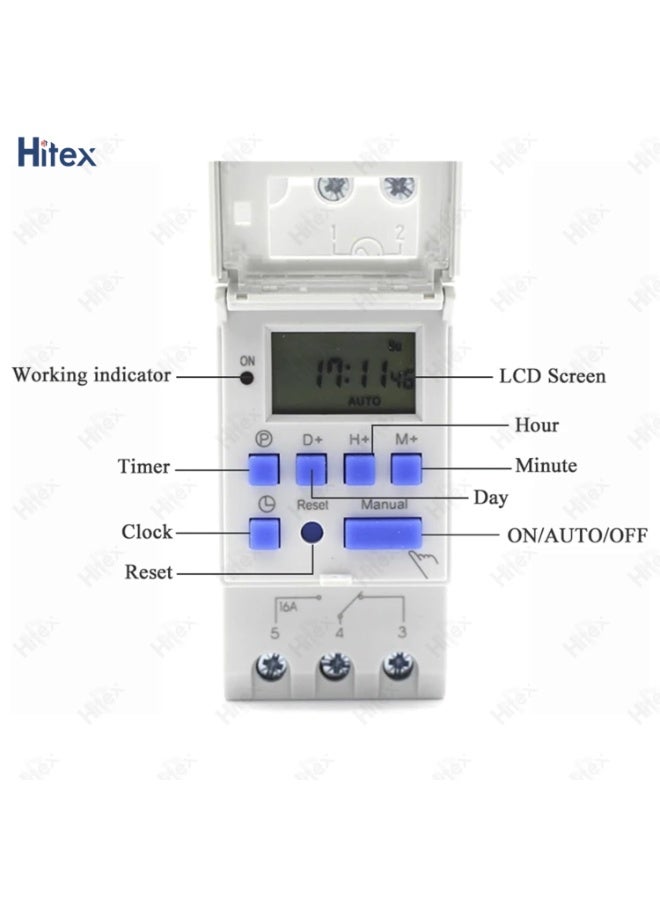 هيتكس مفتاح وقت قابل للبرمجة - مؤقت رقمي Din Rail | 28 إعداد تشغيل/إيقاف، برامج يومية وأسبوعية، شاشة LCD، جهد 220-240 فولت تيار متردد، سعة تلامس 16 أمبير - Image 3