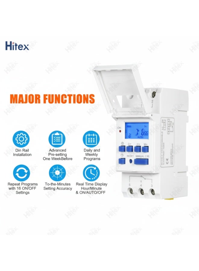هيتكس مفتاح وقت قابل للبرمجة - مؤقت رقمي Din Rail | 28 إعداد تشغيل/إيقاف، برامج يومية وأسبوعية، شاشة LCD، جهد 220-240 فولت تيار متردد، سعة تلامس 16 أمبير - Image 5