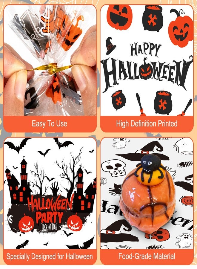 Litmitfu 100 Pcs Halloween Treat Bags - Happy Halloweens Goodie Bag, Plastic Halloween Pumpkin Cellophane Bag Bulk, Clear Gift Goody Candy Bags with Twist Ties for Halloweens Party Supplies Favors Decorations - Image 5