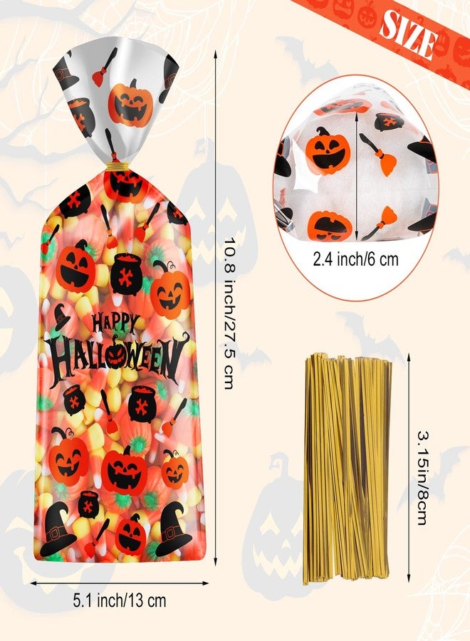 Litmitfu 100 Pcs Halloween Treat Bags - Happy Halloweens Goodie Bag, Plastic Halloween Pumpkin Cellophane Bag Bulk, Clear Gift Goody Candy Bags with Twist Ties for Halloweens Party Supplies Favors Decorations - Image 3