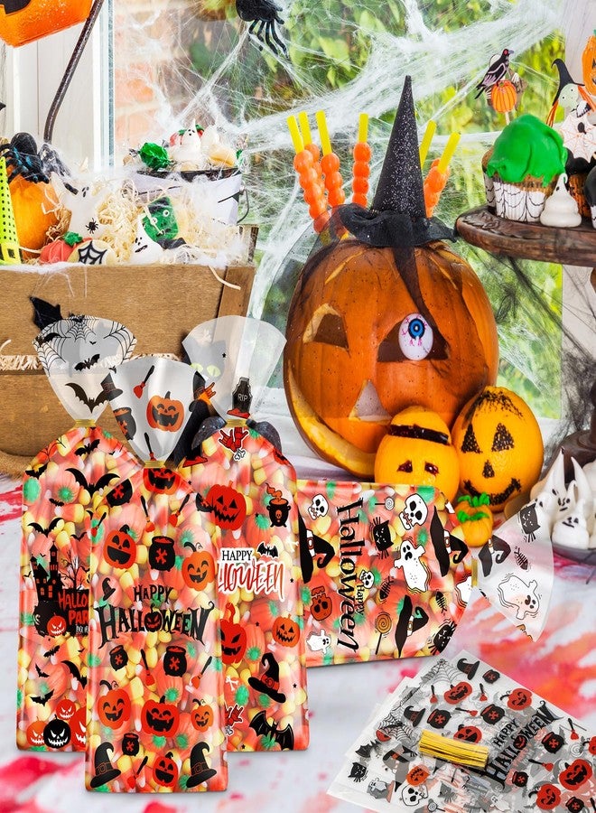 Litmitfu 100 Pcs Halloween Treat Bags - Happy Halloweens Goodie Bag, Plastic Halloween Pumpkin Cellophane Bag Bulk, Clear Gift Goody Candy Bags with Twist Ties for Halloweens Party Supplies Favors Decorations - Image 2
