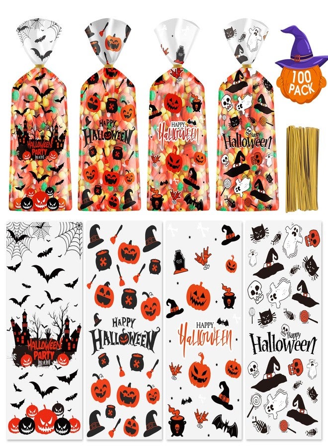 Litmitfu 100 Pcs Halloween Treat Bags - Happy Halloweens Goodie Bag, Plastic Halloween Pumpkin Cellophane Bag Bulk, Clear Gift Goody Candy Bags with Twist Ties for Halloweens Party Supplies Favors Decorations - Image 1