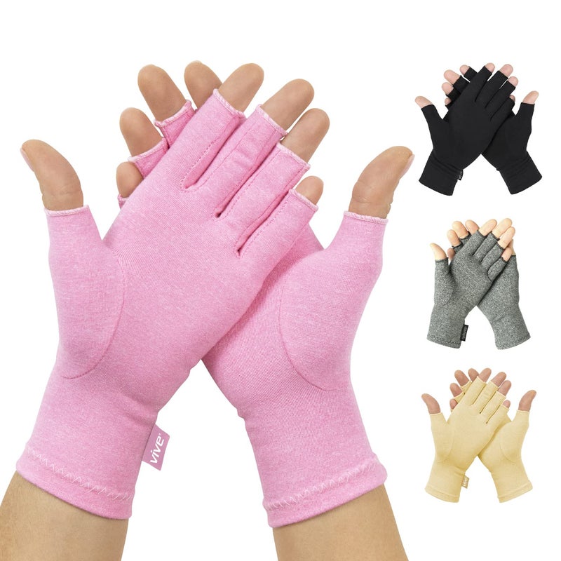 Vive Pink Arthritis Hand Compression Gloves Comfortable Fit for Men and Women Open Finger for Rheumatoid Osteoarthritis and Computer Typing Pain Carpal Tunnel Support Moisture Wicking Fabric